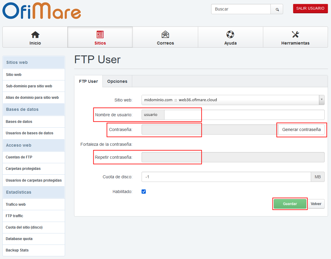 Panel OfiMare - nuevo usuario FTP Panel OfiMare - nuevo usuario FTP